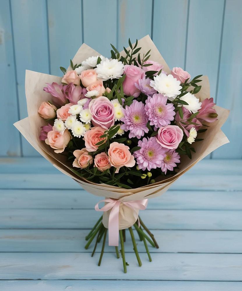 Букет цветов из: Хризантемы, Розы и Альстромерии в Новом Чиркее