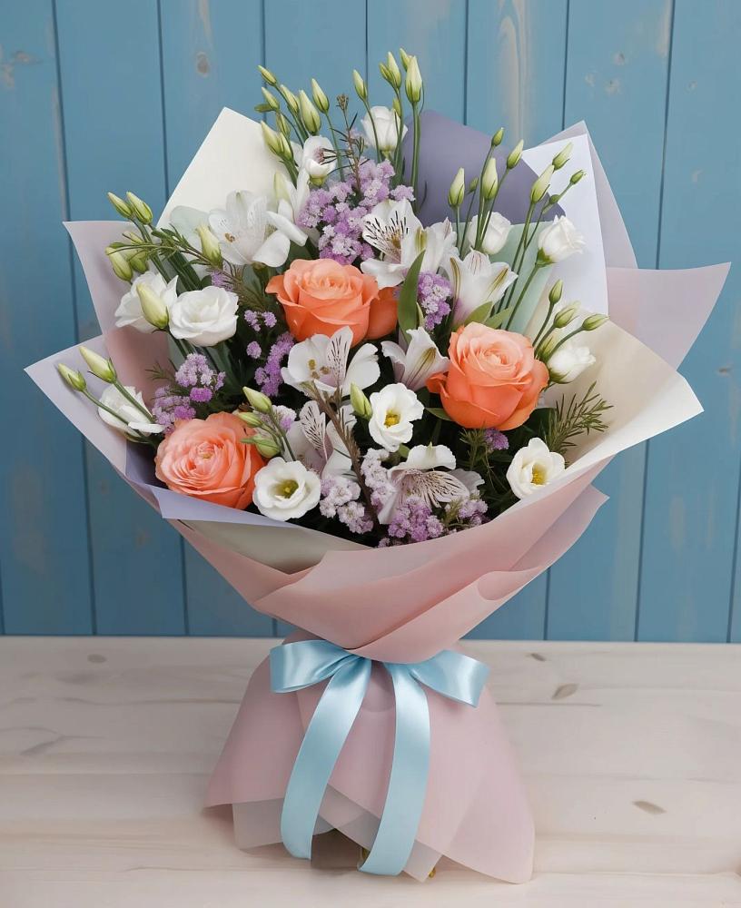 Букет цветов из: Лизиантусы, Розы, Альстромерии и Гипсофила в Новом Чиркее